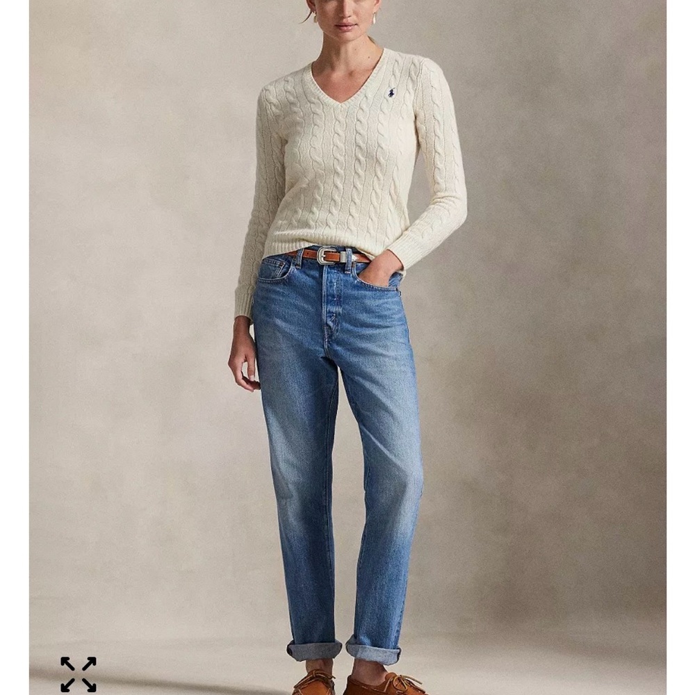 Ralph Lauren Ivory V-Neck Cable Knit Sweater